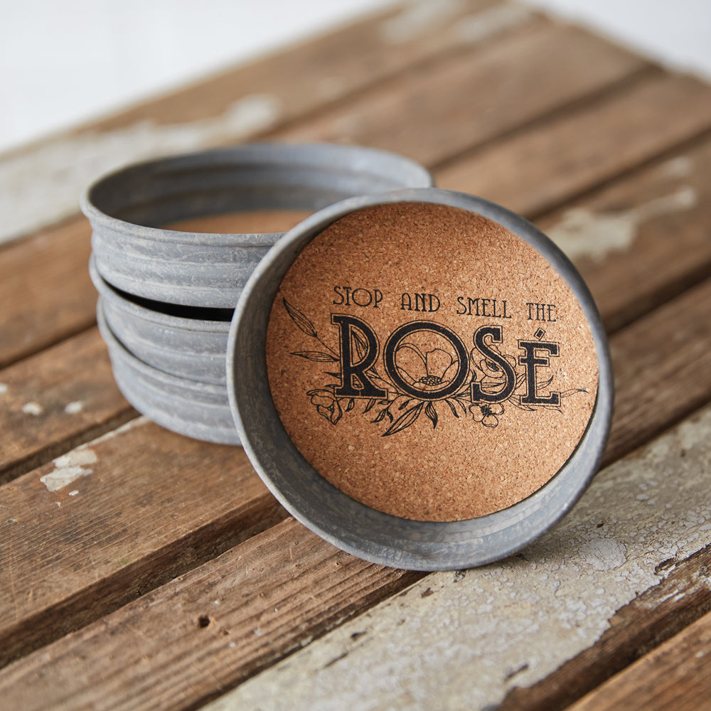 Set of Four Mason Jar Lid Coasters - Stop And Smell The Rosé